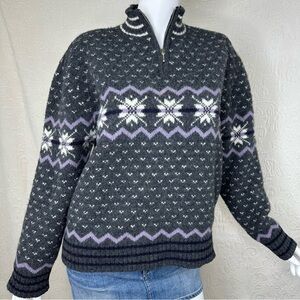 LT Sport VTG Wool Blend Quarter Zip Gray White Purple Snowflake Sweater